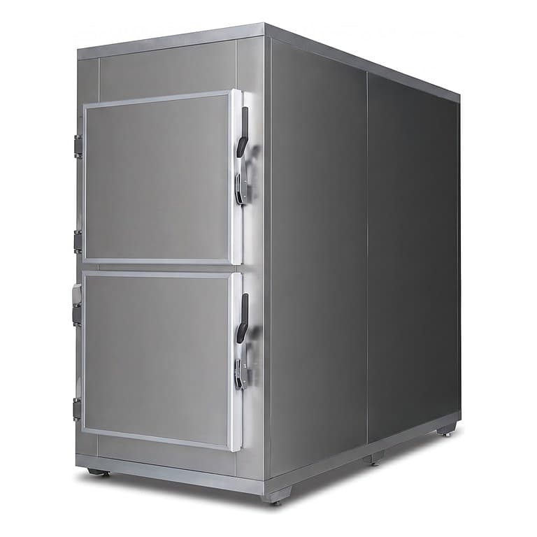 Mortuary Refrigerator — Two Cells, two stacked doors, stainless steel body, three-quarter studio view