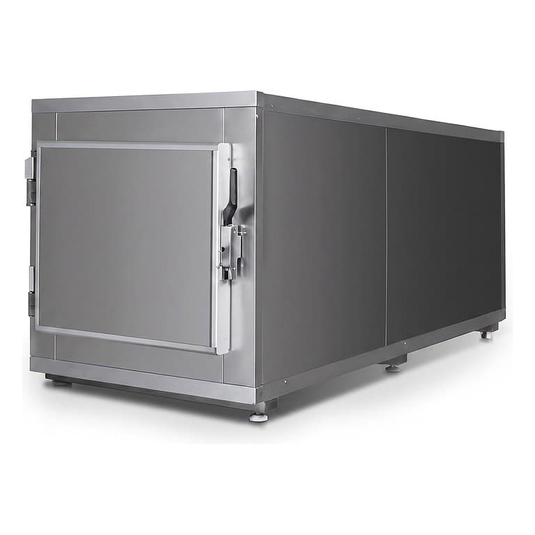 Mortuary Refrigerator — One Cell, single-door stainless steel chamber, three-quarter studio view