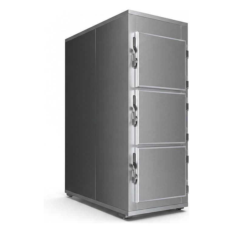 Mortuary Refrigerator — Three Cells, three stacked doors, stainless steel body, three-quarter studio view