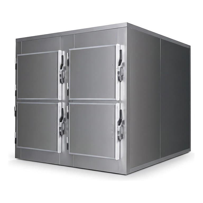 Mortuary Refrigerator — Four Cells, four doors in two columns of two, stainless steel body, three-quarter studio view