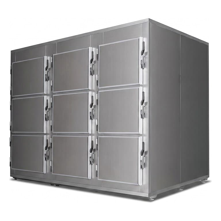 Mortuary Refrigerator — Nine Cells, nine doors in three columns of three, stainless steel body, three-quarter view