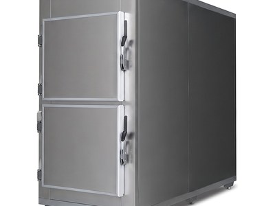 Mortuary Refrigerator — Two Cells, two stacked doors, stainless steel body, three-quarter studio view