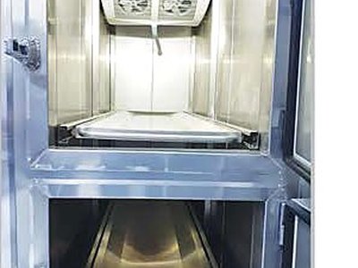 Mortuary Refrigerator — One Cell, open door showing chamber interior with twin cooling fans and tray