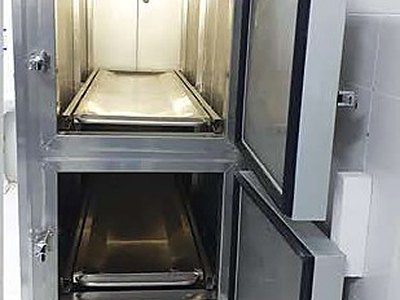 Mortuary Refrigerator — One Cell, front view with doors open showing trays, digital temperature display on top