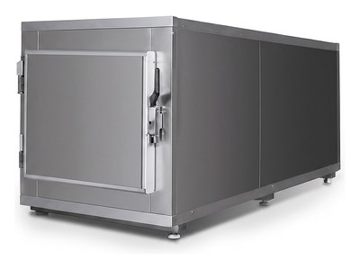 Mortuary Refrigerator — One Cell, single-door stainless steel chamber, three-quarter studio view