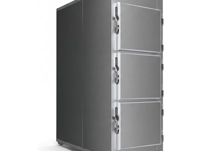 Mortuary Refrigerator — Three Cells, three stacked doors, stainless steel body, three-quarter studio view