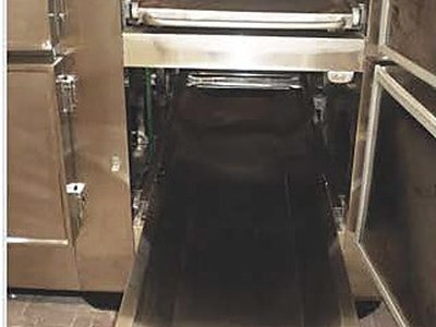 Mortuary Refrigerator — Four Cells, doors open with two body trays pulled out
