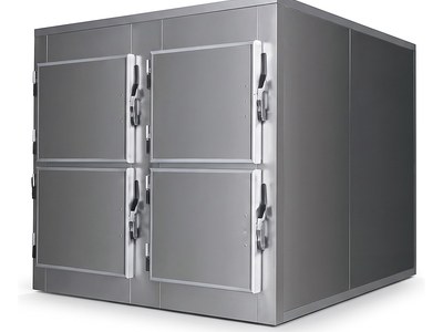 Mortuary Refrigerator — Four Cells, four doors in two columns of two, stainless steel body, three-quarter studio view