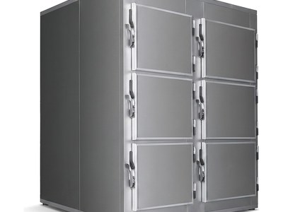 Mortuary Refrigerator — Six Cells, six doors in two columns of three, stainless steel body, three-quarter studio view